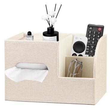 Imagem de Capa quadrada de caixa de lenços de couro PU, organizador de caixa de lenços com bandeja de armazenamento e suporte de controle remoto para banheiro, bancada, cabeceira, quarto, mesa de escritório