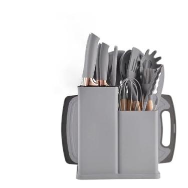 Imagem de Kit 19 Peças Jogo De Utensílios Para Cozinha Em Silicone Com Cabo De Madeira Completo(Cinza/kit19)