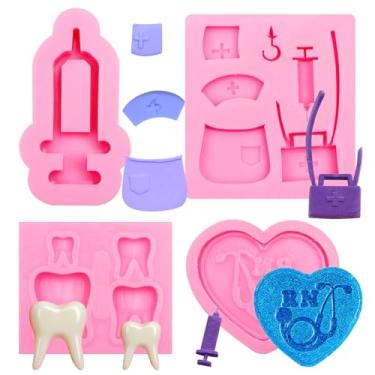 Imagem de Conjunto de moldes de silicone com tema médico, rosa, pacote com 4 odontológicos e enfermeiros com coração, seringa, formas de dente para fazer doces, artesanato em resina
