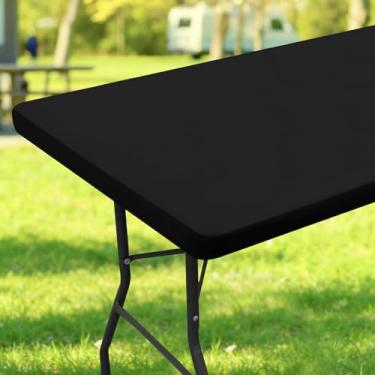 Imagem de Veblandy Toalha de mesa retangular, toalha de mesa elástica de poliéster impermeável, capa de mesa elástica lavável para piquenique, acampamento, festa, casamento, ar livre, interior (76 x 246 cm