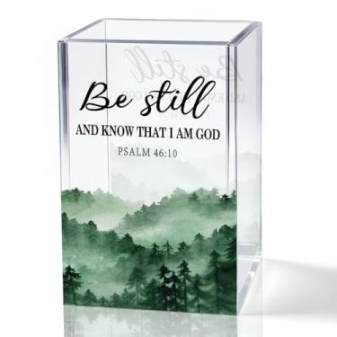 Imagem de QYUVK Be Still And Know That I Am God Porta-lápis de acrílico, suporte de caneta cristão para mesa, presentes cristãos para mulheres e meninas, versículos da Bíblia Suporte de cosméticos transparente