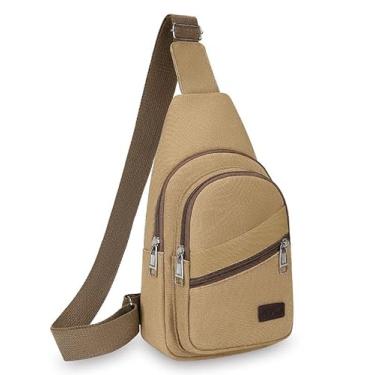 Imagem de Bolsa tiracolo masculina de lona – Bolsa tiracolo com alça ajustável no peito com 3 bolsos, bolsa de ombro casual leve para transporte diário, viagens e atividades ao ar livre, estilo vintage (cáqui)