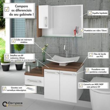 Imagem de Conjunto para Banheiro Gabinete com Cuba F44 e Espelheira Legno 830w Branco/nogal