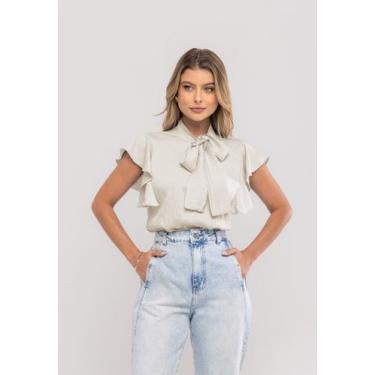 Imagem de Blusa Feminina Com Laço na Gola e Manga Babado Marfim Salvatore, GG