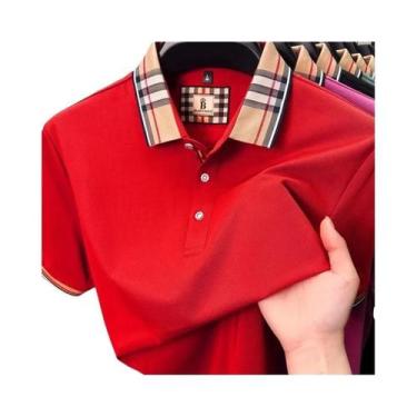 Imagem de Camisa Polo Masculina De Verão Com Estampa Xadrez, Manga Curta, Algodã