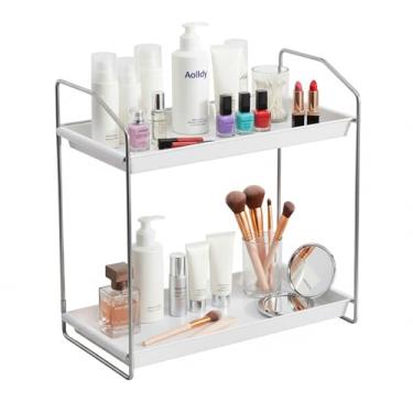 Imagem de Organizador de banheiro de 2 camadas, organizador de penteadeira, prateleira de penteadeira de instalação sem ferramentas, pequena bandeja de plástico para maquiagem, organizadores de perfume para a