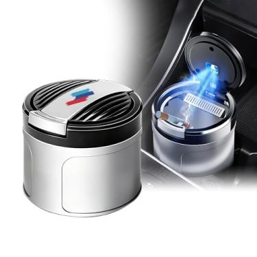 Imagem de Cinzeiro de carro com luz LED azul e tampa para BMW 4 5 3 2 7 8 Series iX X5 X3 X7 X1 X6 X4 X2 XM Z4, cinzeiro portátil removível à prova de cheiro para acessórios de carro (curto - 6 cm de altura)