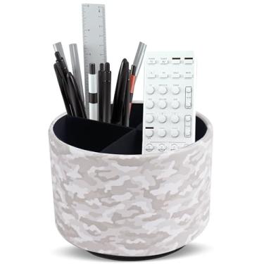 Imagem de QIELIZI Organizador de suprimentos de arte de couro redondo, suporte de controle remoto, rotação de 360 graus, suporte de lápis multifuncional, organizador de papelaria de mesa com 4 compartimentos (1