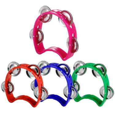 Imagem de Pacote com 4 pandeiros musicais Half Moon, fileira dupla de metal, 4 sinos de mini tambor de percussão portátil com alça ergonômica (4 cores)
