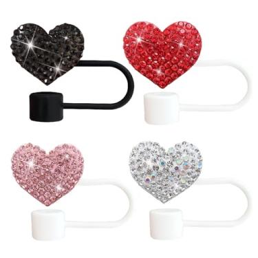 Imagem de 4 peças de cobertura de palha de coração brilhante para copo Stanley de 30 e 1,134 g com copos de 10 mm bonito em forma de coração brilhante protetores de tampas de canudo para dia dos namorados