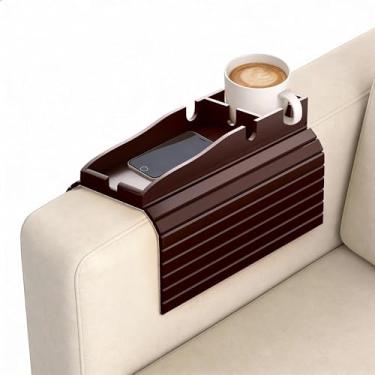 Imagem de Korser Mesa de apoio de braço de sofá, bandeja de braço de sofá com suporte de copo removível, bandeja de apoio de braço antiderrapante 2 em 1 para sofá, suporte de copo dobrável de bambu para bebidas