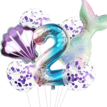 Imagem de 7 peças de balões de sereia com número de balões para festa de 1º 2º aniversário de meninas suprimentos de decoração de cauda de sereia (2 números)