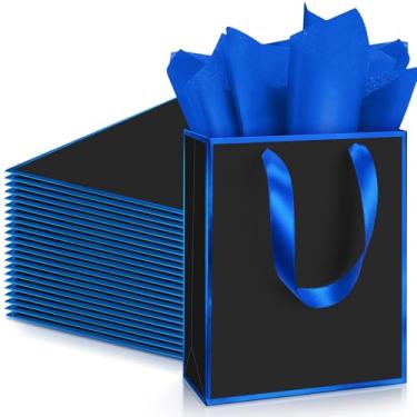 Imagem de Yeaqee Pacote com 24 sacos metálicos de papel para presente com alça e tecido, 24 x 18 x 7 cm, sacos de presente de boas-vindas para casamento, outono, 5 sentidos, Natal, dama de honra, aniversário