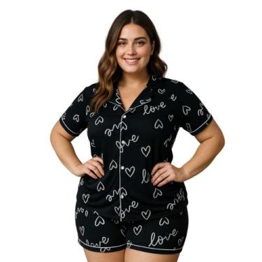 Imagem de Pijama Americano Estampado Plus Size Blusa com Botões que Abrem e Shor