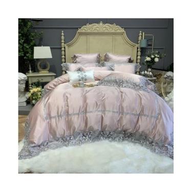 Imagem de Conjunto de capa de edredom luxuoso de algodão egípcio com brilho sedoso de 4 peças, capa de edredom com borda bordada de renda e fronhas de lençol plano (tamanho Queen 4 peças)