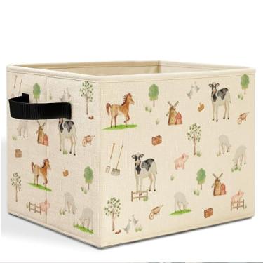 Imagem de HSIASHENG Caixa de armazenamento de animais de fazenda com alças, rústica, campo, vaca, cavalo, porco, ovelha, ganso, cesto de lavanderia, cesto de roupa dobrável, organizador de brinquedos para