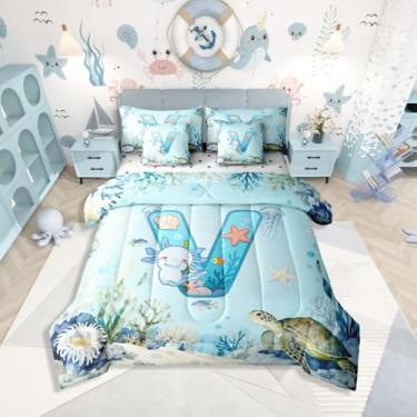 Imagem de Erosebridal Conjunto de cama solteiro Axolotl azul, 7 peças, letra V, desenho fofo, animal, oceano, para crianças, meninos, meninas, alfabeto, monograma, salamandra