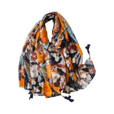 Imagem de Xale Floral Azteca Com Franjas Em Viscose, Pashmina Hijab 180x90cm, El