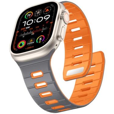 Imagem de Odbeai Pulseira magnética esportiva compatível com Apple Watch Ultra 3 2/Ultra, 49 mm, 46 mm, 45 mm, 44 mm e 42 mm, ímã forte para Apple Watch todas as séries 11 10 9-1 SE, cinza/laranja