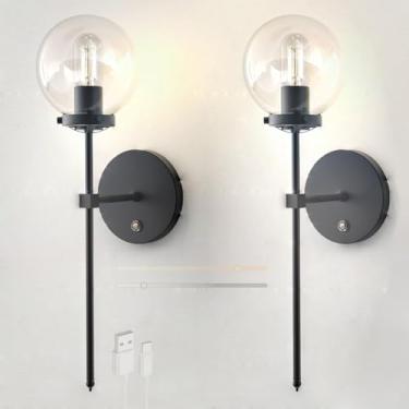 Imagem de GZZBMY Lâmpada de parede LED bateria sem fio preto metal iluminação de parede interruptor de toque regulável luzes de parede de vidro sombra para sala de estar escada quarto mesa de cabeceira (B,2