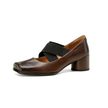 Imagem de TinaCus Sapato feminino de couro legítimo, feito à mão, cinto cruzado, salto baixo elegante, Marrom escuro, 36
