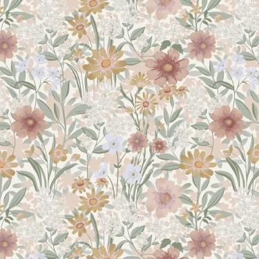 Imagem de Papel de parede para contato floral boho 43,9 cm x 200,2 cm papel de parede autoadesivo vintage bege removível papel de contato decorativo para armários e gavetas papel de parede de banheiro rolo de