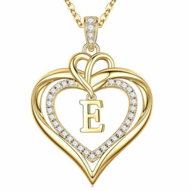 Imagem de MONOOC Presentes de Dia dos Namorados para meninas adolescentes - Colar de coração de zircônia cúbica banhado a ouro 14K para mulheres, colar de coração com letra inicial para mulheres, presentes de