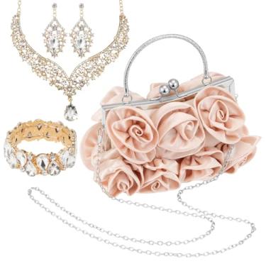 Imagem de Hlimior Conjunto de joias de casamento rosa 4 peças para noiva com bolsa de mão, pulseira de brincos de colar de cristal de strass, acessórios formais para festa de formatura, banquete, aniversário