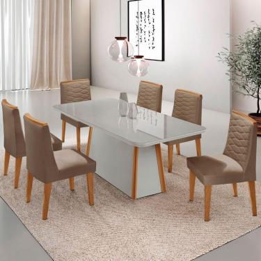 Imagem de Mesa De Jantar Diane 180cm Mdf Vidro Com 6 Cadeiras Moderna Veludo Capuccino Off White Naturale Serigrafia