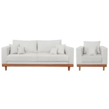 Imagem de Kit Poltrona Living + Sofá 2 Lugares Com Base Madeira Linho Bege