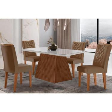 Imagem de Sala De Jantar Completa Luna C- Tampo Madeirado Vidro Canto Curvo 120x80cm E 4 Cadeiras Jade Imbuia-off White - Suede Capuccino - Rufato