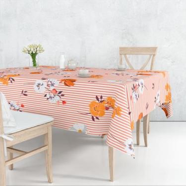 Imagem de Toalha De Mesa Retangular 6 Lugares Tecido Oxford Flores Laranjas List