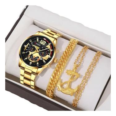 Imagem de Relógio Masculino Dourado Metal + Kit Pulseiras Moderno Luxo Fundo Preto