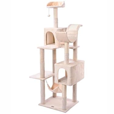Imagem de Arranhador de gato grande, luxuoso, multifuncional com casas, camas, rede, poleiros e brinquedo