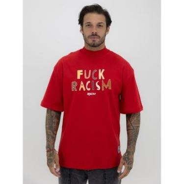 Imagem de Camiseta Camisa Oversized Gola Alta Estampa Fuck Rascim Racismo Streetwear Algodão Premium Vermelho-Masculino