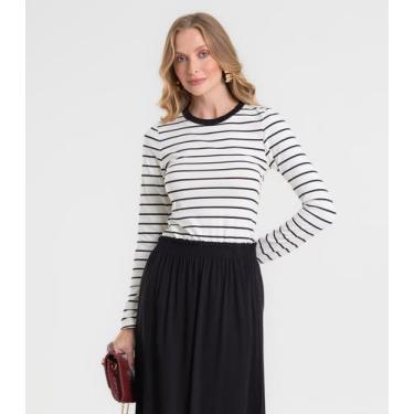 Imagem de Blusa Manga Longa Feminina Listrada Básica Rovitex Bege, GG, Bege