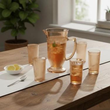 Imagem de Jogo Jarra 1L c/ 6 Copos 265ml de Vidro Lila Âmbar Hauskraft