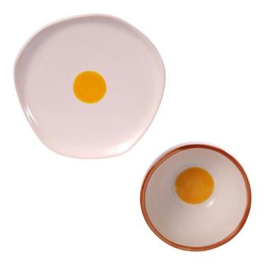 Imagem de Conjunto Prato E Bowl Cerâmica Pintado À Mão Ovo Estrelado - Silveira