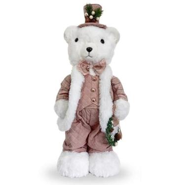 Imagem de Boneco de Natal Urso em Pé Com Cartola e Guirlanda 48cm Rosê e Branco 