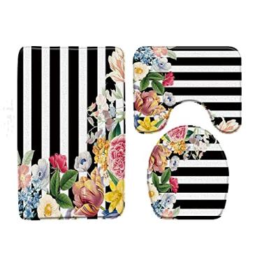 Imagem de Tapete de banho de flores e pássaros com fundo de listras pretas e brancas tapetes de banheiro conjunto de 3 peças tapete de banho tapete higiênico produtos de banheiro, 4942L, 400MMx600MM