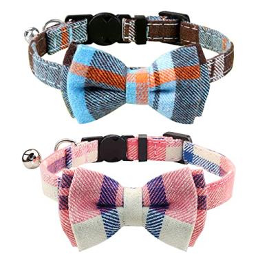 Imagem de Joytale Coleira de Gato Ajustável com Fivela de Liberação Rápida, Separatista Coleiras Seguras com Sino e Laço para Gatinho e Gatos, Coleira de Gravata Borboleta para Animais de Estimação com Padrões Xadrez, 2 Peças, Lago Azul+Rosa
