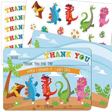 Imagem de Gooji Pequenos cartões de agradecimento para crianças com envelopes, conjunto de 25 peças, dinossauro fofo personalizado preencher em mensagens de agradecimento em branco para festa de aniversário, feriado ou evento com pacote de adesivos