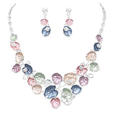 Imagem de Rosemarie & Jubalee Conjunto de brincos femininos de colar de folha de metal texturizada pastel colorida impecável, 38 cm a 43 cm com extensor de 5 cm, Metal Metal Esmalte, sem pedras preciosas