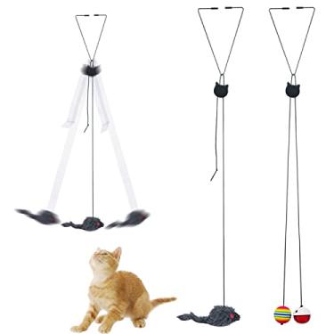 Imagem de Brinquedos de rato para gatos internos - pacote com 2 brinquedos para gatos de porta suspensa - brinquedo retrátil para gato com corda bola de sino - brinquedo interativo para gatos para exercício de perseguição de gatinho interno