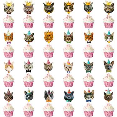 Imagem de 48 peças de chapéus de cupcake de gato, chapéus de cupcake de rosto de gato palitos de cupcake de cabeça de gato para gato temático lembrancinhas de festa de aniversário suprimentos decorações, suprimentos para festa de aniversário de gato decorações