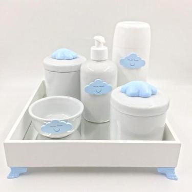 Imagem de Kit Higiene Bebê Porcelana Nuvem Azul Bandeja Mdf Garrafa 6Pçs - Tg De
