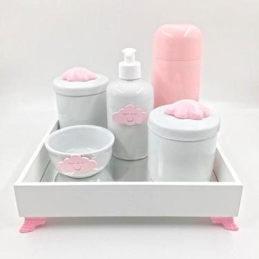 Imagem de Kit Higiene Bebê Porcelana Nuvem Bandeja Mdf Garrafa Rosa 6Pçs - Tg De