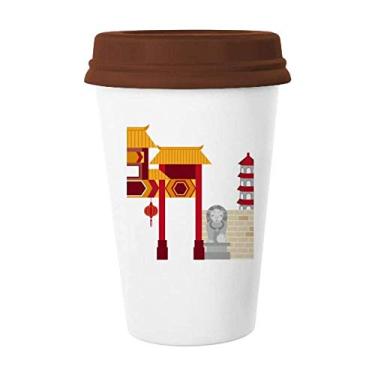 Imagem de Caneca de cerâmica com estampa de leão de pedra da China Arquitetura Copo de café Copo de cerâmica