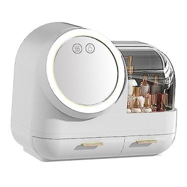 Imagem de Organizador de Maquiagem Com Espelho e Ventilador, Caixa de Armazenamento de Maquiagem de Espelho de Luz LED de Grande Capacidade Com 2 Gavetas para Banheiro e Penteadeira (Branco)