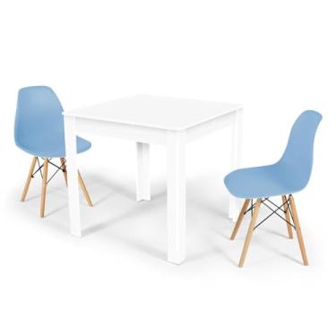 Imagem de Conjunto Mesa de Jantar Quadrada Sofia Branca 80x80cm com 2 Cadeiras Eames Eiffel - Azul Claro